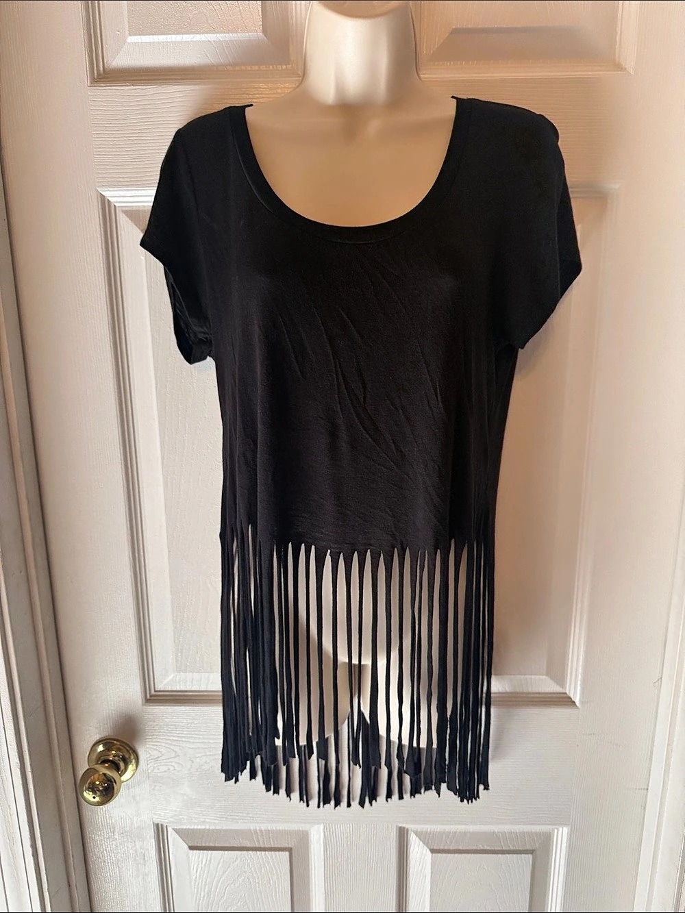 Occasion Fringe Top Black Fringe Short Sleeve Top Size XL